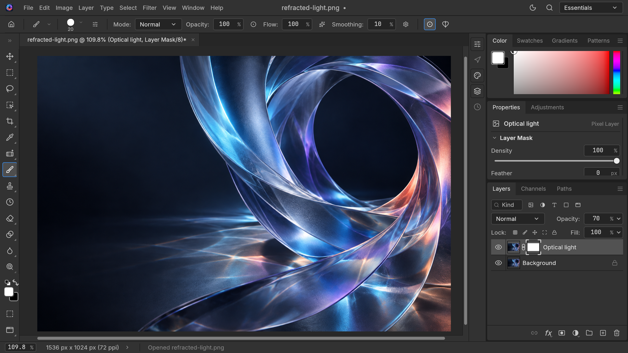 Photo Pro editing an abstract glass image, with a duplicated layer, an opacity control and a layer mask